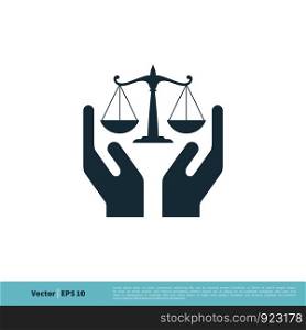 Law Office Logo Template, Hand and Scale of Justice Icon Vector Illustration Design. Vector EPS 10.