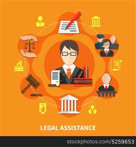 Law Orange Composition. Law orange composition with advocate in court of law and legal justice headline vector illustration