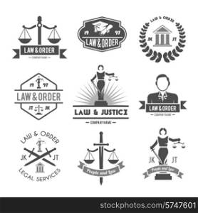 Law order and crime preventing lady justice symbols collection black graphic labels pictograms set isolated vector illustration