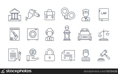 Law protection icon. Lawyer justice legal corporate judgement vector thin linear symbols. Illustration of law legal justice, line judge and gavel. Law protection icon. Lawyer justice legal corporate judgement vector thin linear symbols