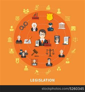Law Round Composition. Law round composition with icon set on theme combined in big circle vector illustration