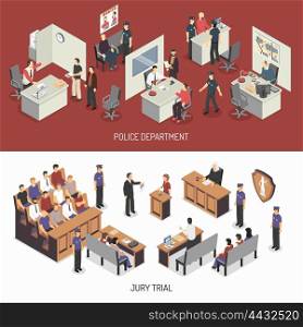 Law System Isometric Horizontal Banners. Law system isometric horizontal banners with police office interrogation jury trial lawyer defendant witness isolated vector illustration