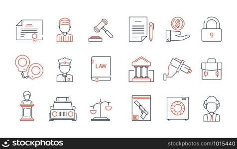 Law thin symbols. Licence accounting legal justice lawyer vector linear colored icon collection. Illustration of legal justice, court and lawyer. Law thin symbols. Licence accounting legal justice lawyer vector linear colored icon collection