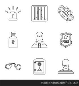 Lawlessness icons set. Outline illustration of 9 lawlessness vector icons for web. Lawlessness icons set, outline style