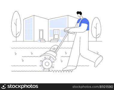 Lawn aeration abstract concept vector illustration. Man using lawn aerator, grass ventilation, garden maintenance, exterior works, meadow care, landscaping industry abstract metaphor.. Lawn aeration abstract concept vector illustration.