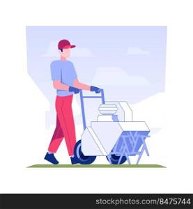 Lawn aeration isolated concept vector illustration. Man using lawn aerator, grass ventilation, garden maintenance, exterior works, meadow care, landscaping industry vector concept.. Lawn aeration isolated concept vector illustration.
