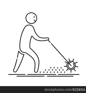 Lawn aeration - outline icon with gardener man and aeration machine, lawn grass care service, gardening and landscape design, isolated sing with process on white background, vector for web, app. Lawn Care Vector