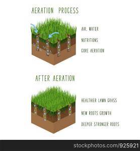 Lawn aeration process steps, isometric - before and after, lawn grass care service, gardening and landscaping, isolated illustration for article, infographics or instruction on white background, vector isometry. Lawn Care Vector
