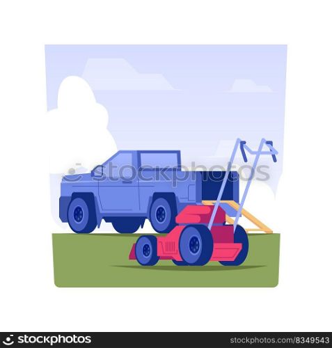 Lawn and landscape service isolated concept vector illustration. Professional gardener loads mower into the truck, private house maintenance service, landscaping industry vector concept.. Lawn and landscape service isolated concept vector illustration.