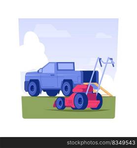 Lawn and landscape service isolated concept vector illustration. Professional gardener loads mower into the truck, private house maintenance service, landscaping industry vector concept.. Lawn and landscape service isolated concept vector illustration.