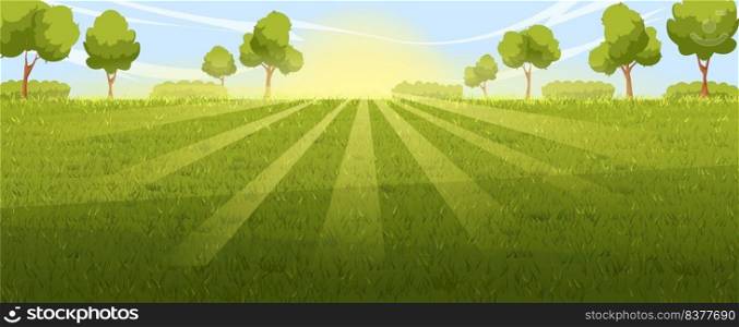 lawn background landscape vector. green field, spring grass, summer meadow, garden tree, park plant scene, sunny land lawn background nature view cartoon illustration. lawn background landscape vector