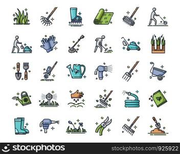 Lawn care and aeration - filled outline color icon set, lawn grass service, gardening and landscape equipment, isolated simple sings with tools and characters on white background, vector for web, app. Lawn Care Vector