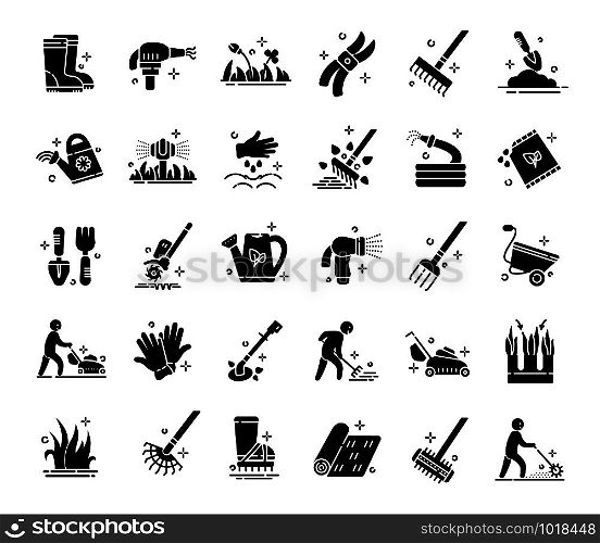 Lawn care and aeration - glyph icon set, lawn grass service, gardening and landscape equipment, isolated black silhouette sings with tools and characters on white, vector for web, app. Lawn Care Vector