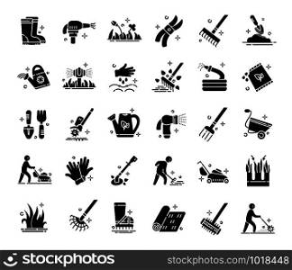 Lawn care and aeration - glyph icon set, lawn grass service, gardening and landscape equipment, isolated black silhouette sings with tools and characters on white, vector for web, app. Lawn Care Vector