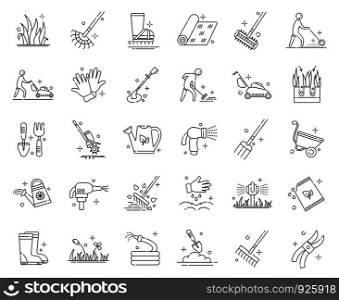 Lawn care and aeration - outline icon set, lawn grass service, gardening and landscape design, isolated simple sings with tools and characters on white background, vector for web, app. Lawn Care Vector
