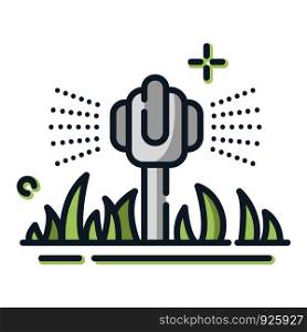 Lawn care and automatic watering - color filled outline icon, lawn grass service, gardening and landscaping, isolated simple sing with tool for watering on white background, vector for web, app. Lawn Care Vector