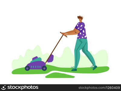 Lawn care and gardening - man with lawn mower on backyard outdoor, lawn grass service and landscape equipment or tool, composition for banner poster web site design, vector people character on white. Lawn Care and gardening service vector