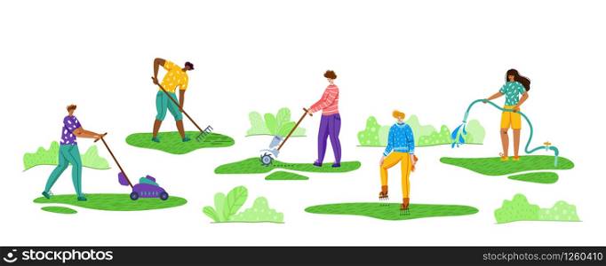 Lawn care and gardening - people mow water aerate grass in backyard or park outdoor, lawn service and landscape equipment, composition for banner poster web site design, vector cartoon characters. Lawn Care and gardening service vector