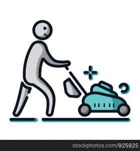 Lawn care and mowing - color filled outline icon, lawn grass service, gardening and landscaping, isolated simple sing with mower and character on white background, vector for web, app. Lawn Care Vector