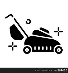 Lawn care and mowing - glyph icon or black silhouette, lawn grass service, gardening and landscaping, isolated simple sing with mower tool on white background, vector for web, app. Lawn Care Vector