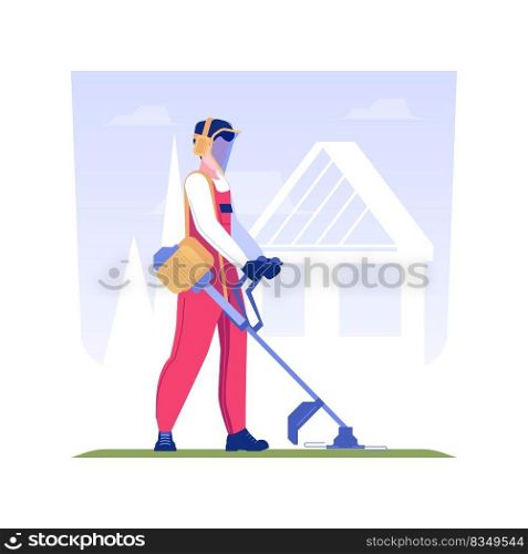 Lawn care service isolated concept vector illustration. Man in protective mask mows the grass, private house maintenance service, kill a mold, remediation in landscaping vector concept.. Lawn care service isolated concept vector illustration.