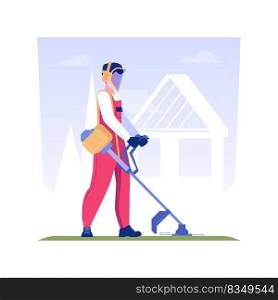 Lawn care service isolated concept vector illustration. Man in protective mask mows the grass, private house maintenance service, kill a mold, remediation in landscaping vector concept.. Lawn care service isolated concept vector illustration.