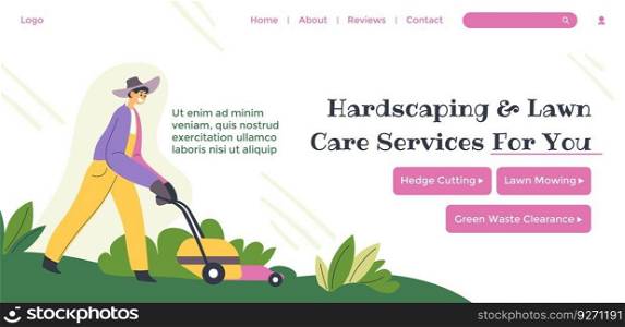 Lawn care services for your, hardscaπng and gardening assistance and help. Garde≠r with lawn mower wearing uniform. Website pa≥,∫er≠t landing site template. Vector in flat sty≤illustration. Hardscaπng and lawn care services for you website
