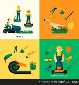 Lawn design concept set with worker man plant equipment and care flat icons isolated vector illustration