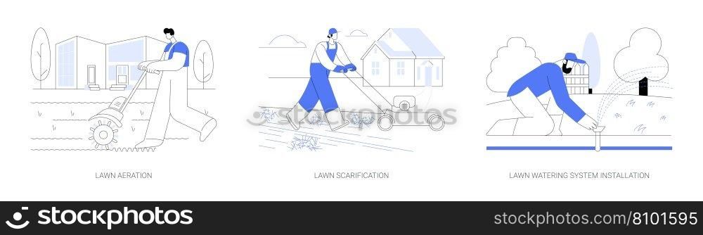 Lawn maintenance service abstract concept vector illustration set. Lawn aeration and scarification, watering system installation, meadow care, landscaping and gardening industry abstract metaphor.. Lawn maintenance service abstract concept vector illustrations.