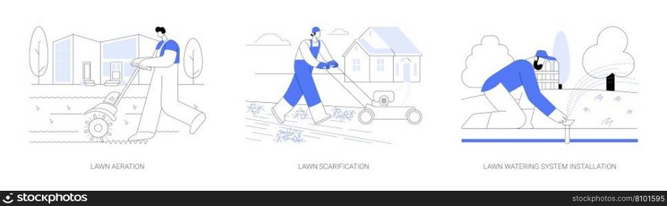 Lawn maintenance service abstract concept vector illustration set. Lawn aeration and scarification, watering system installation, meadow care, landscaping and gardening industry abstract metaphor.. Lawn maintenance service abstract concept vector illustrations.