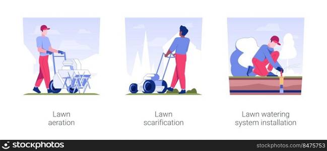 Lawn maintenance service isolated concept vector illustration set. Lawn aeration and scarification, watering system installation, meadow care, landscaping and gardening industry vector cartoon.. Lawn maintenance service isolated concept vector illustrations.
