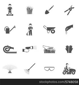 Lawn man farm worker with grass cutting equipment black icon set isolated vector illustration