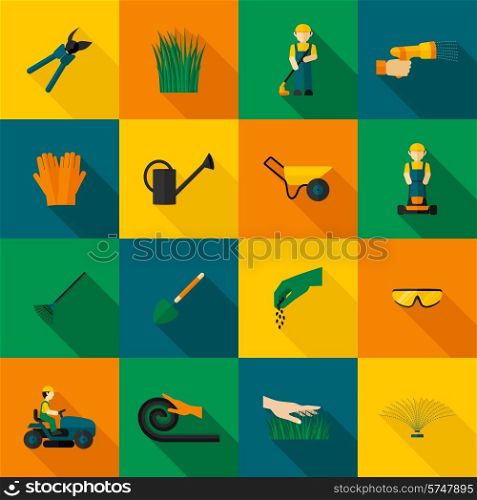 Lawn man icon flat with gardening equipment set isolated vector illustration