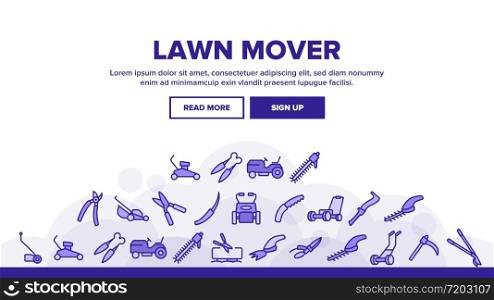 Lawn Mover Landing Web Page Header Banner Template Vector. Garden Scissors And Electronic Device For Cutting, Lawn Mover And Manual Cutter Illustrations. Lawn Mover Landing Header Vector