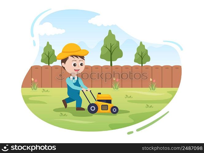 Lawn Mower Cutting Green Grass, Trimming and Care on Page or Garden in Flat Cute Cartoon Illustration