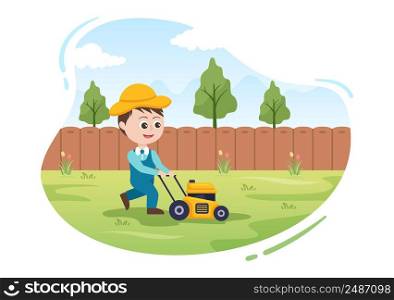 Lawn Mower Cutting Green Grass, Trimming and Care on Page or Garden in Flat Cute Cartoon Illustration