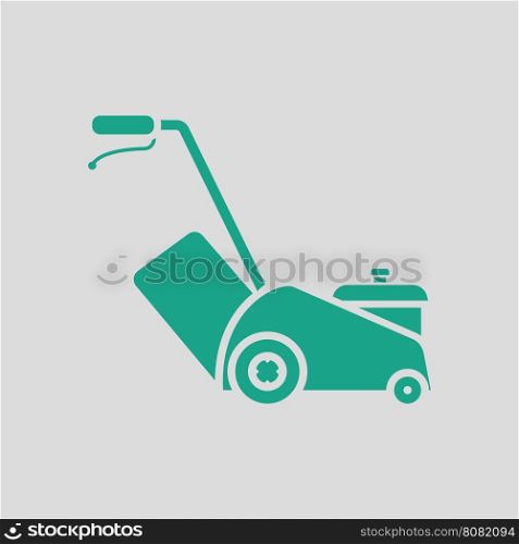 Lawn mower icon. Gray background with green. Vector illustration.