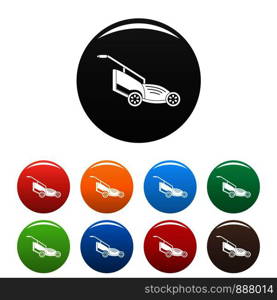 Lawn mower icons set 9 color vector isolated on white for any design. Lawn mower icons set color