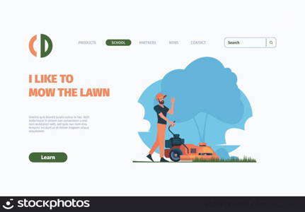 Lawn mower landing. Gardeners working grass care and cutting garish vector web page template. Gardener cutting lawn concept illustration. Lawn mower landing. Gardeners working grass care and cutting garish vector web page template