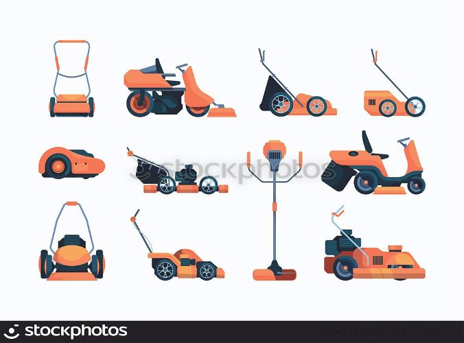 Lawn mower. Mower tractor for grass care and cutting machines for gardener garish vector illustrations set. Mow machine, cutter lawnmower equipment. Lawn mower. Mower tractor for grass care and cutting machines for gardener garish vector illustrations set