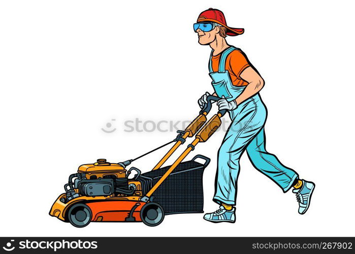 lawn mower worker. Profession and service. Isolate on white background. Pop art retro vector illustration vintage kitsch. lawn mower worker. Isolate on white background