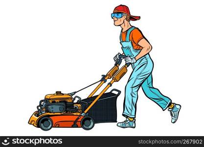 lawn mower worker. Profession and service. Isolate on white background. Pop art retro vector illustration vintage kitsch. lawn mower worker. Isolate on white background