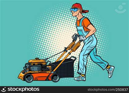 lawn mower worker. Profession and service. Pop art retro vector illustration vintage kitsch. lawn mower worker. Profession and service