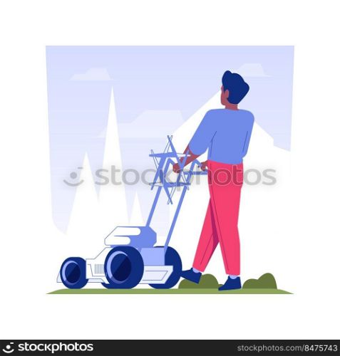 Lawn scarification isolated concept vector illustration. Gardener removes organic matter from lawn using scarifying machine, exterior works, thatch removal, grass maintenance vector concept.. Lawn scarification isolated concept vector illustration.