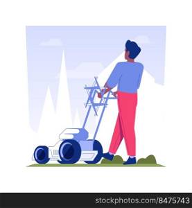 Lawn scarification isolated concept vector illustration. Gardener removes organic matter from lawn using scarifying machine, exterior works, thatch removal, grass maintenance vector concept.. Lawn scarification isolated concept vector illustration.