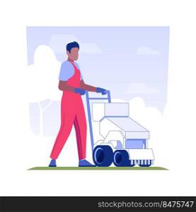 Lawn seeding isolated concept vector illustration. Professional gardener with overseeder machine, lawn maintenance, exterior works, landscaping process, planting season vector concept.. Lawn seeding isolated concept vector illustration.