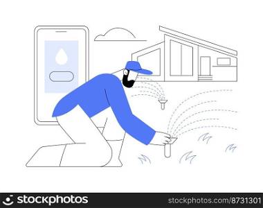 Lawn watering system abstract concept vector illustration. Lawn sprinkler system, irrigation, garden hose, automate watering, electronic timer, pop-up sprinkler, landscaping abstract metaphor.. Lawn watering system abstract concept vector illustration.