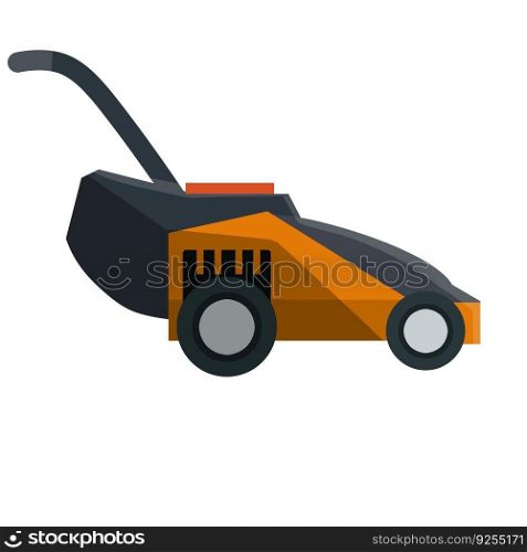 Lawnmower. Gardening machine. Flat illustration. Red trimmer with Gasoline engine. Element for mowing and caring for lawn and grass. Modern model. Lawnmower. Gardening machine.