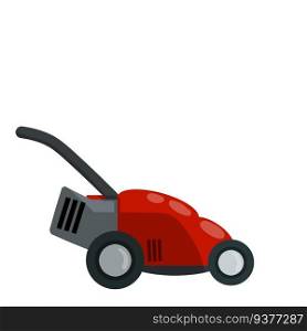 Lawnmower. Gardening machine. Flat illustration. Red trimmer with Gasoline engine. Element for mowing and caring for lawn and grass. Modern model. Lawnmower. Gardening machine. Flat illustration.