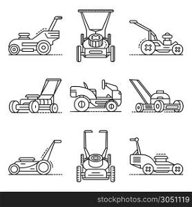 Lawnmower icon set. Outline set of lawnmower vector icons for web design isolated on white background. Lawnmower icon set, outline style